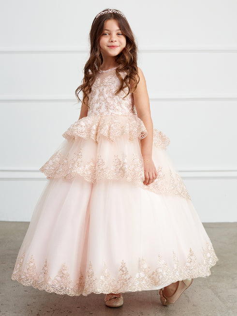 Big Girls Rose Gold Glitter Mesh Overlay V Neck Pageant Dress 8-12 - SophiasStyle.com